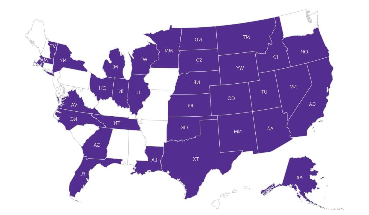 PTA在线学生的家乡. 紫色表示在线学生居住的州